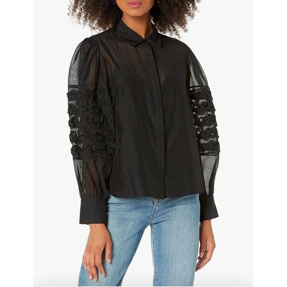 Rebecca Taylor $295 Women's Black Silk Ribbon Trim Sheer Button-Up Size S Luxury - Picture 1 of 16
